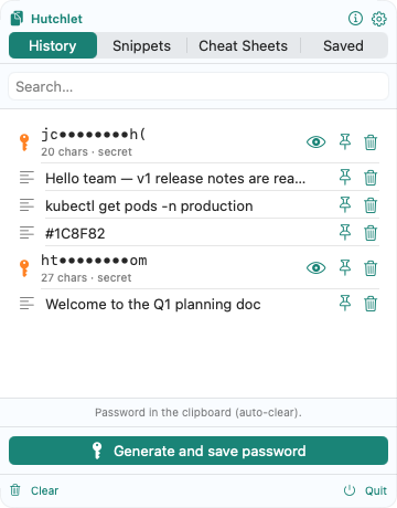 Clipboard history with a hex colour, text, masked secrets and the password generator button